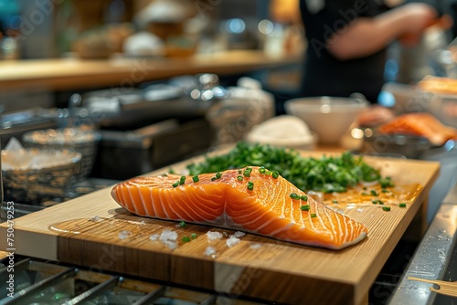 Two raw salmons placed on a wooden cutting board in a traditional professional kitchen.