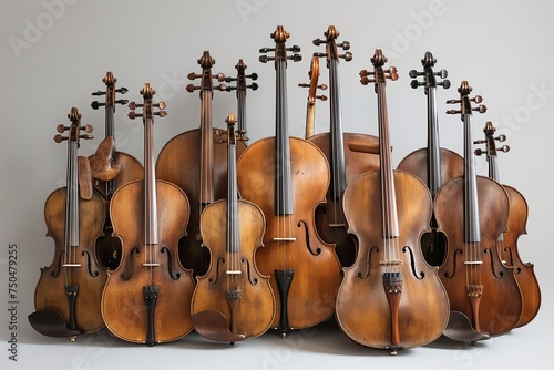Multiple violins are neatly lined up against a wall.