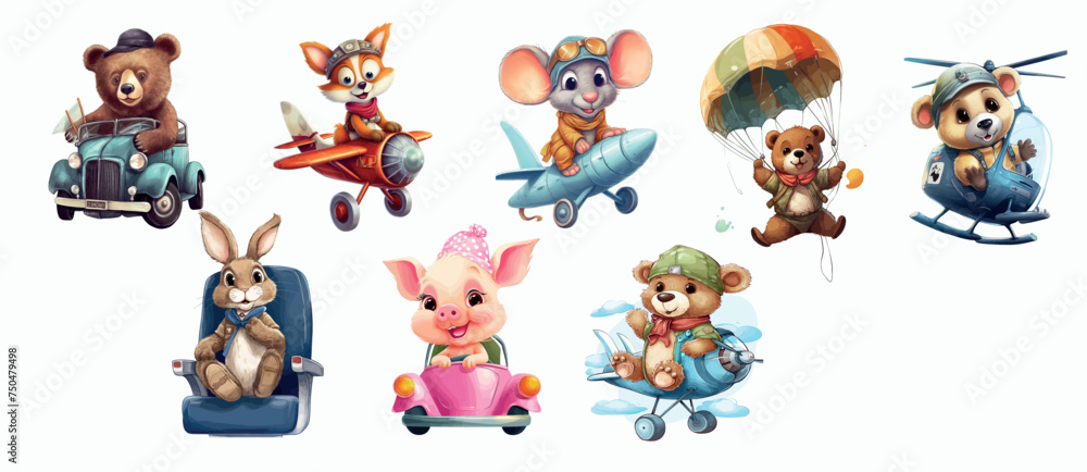 Adorable Cartoon Animals Enjoying Various Modes of Transportation, Perfect for Children’s Books
