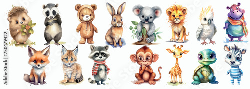 Adorable Collection of Illustrated Baby Animals: Hedgehog, Raccoon, Bear, Rabbit, Koala, Lion, Cockatoo, Hippo, Fox, Lynx, Raccoon in Scarf