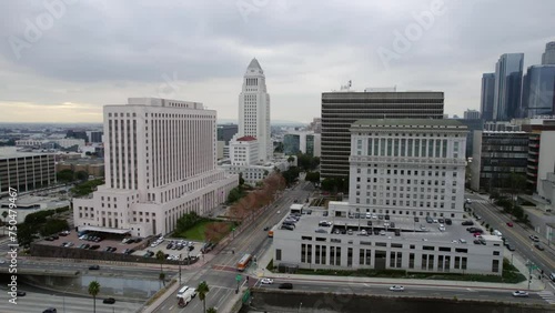 Drone Shot, Los Angeles City Hall, Courthouse, Hall of Justice, Highway and Spring Street Traffic, California USA photo