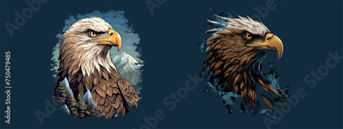 Majestic Bald Eagles: One Amidst Snowy Peaks and Forest, Another with Artistic Brush Strokes photo