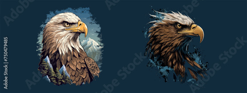 Majestic Bald Eagles: One Amidst Snowy Peaks and Forest, Another with Artistic Brush Strokes