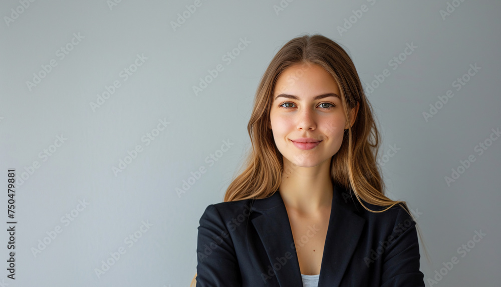 Confident Businesswoman in Black Blazer Against Grey Background. Generative AI Confident Businesswoman in Black Blazer Against Grey Background. Generative AI