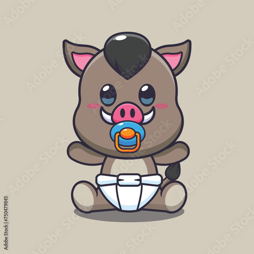 Cute baby boar cartoon vector illustration. 