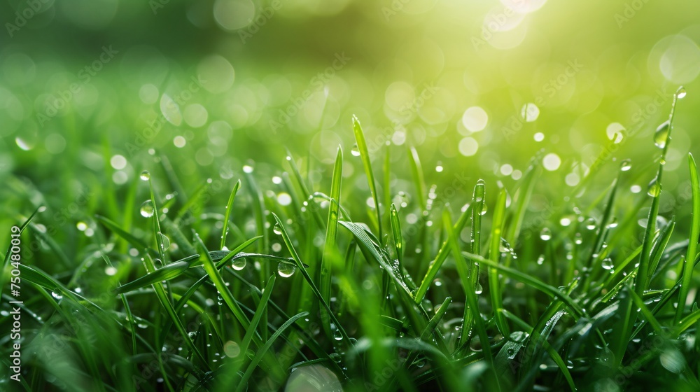 Dew on Fresh Green Grass at Sunrise. Generative AI