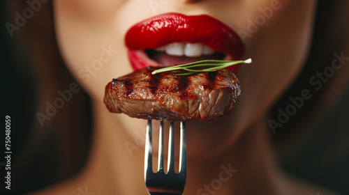 Close-up Of Beautiful Female Mouth Eating Delicious Grilled Meat.