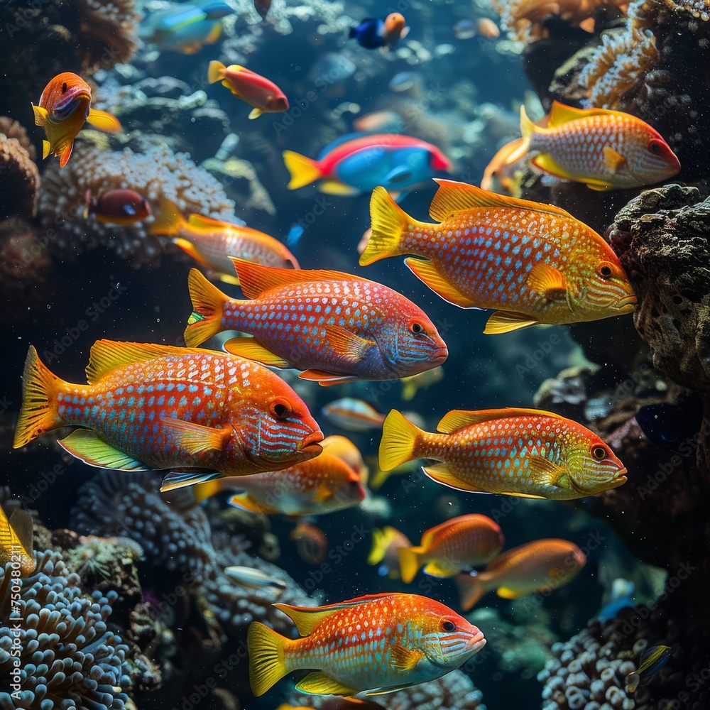 Fototapeta premium Diverse Marine Fish: Colorful and diverse marine fish swimming in a coral reef, capturing the beauty of underwater life