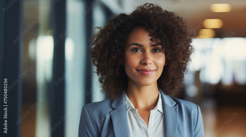 Smiling Business Woman With Curly Hair. Generative AI Smiling Business Woman With Curly Hair. Generative AI