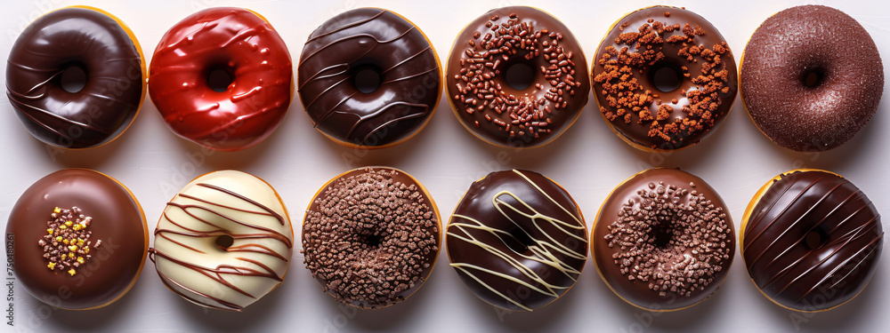 Set of chocolate and pink strawberry glazed donuts top view isolated on white background
Set of chocolate and pink strawberry glazed donuts top view isolated on white background