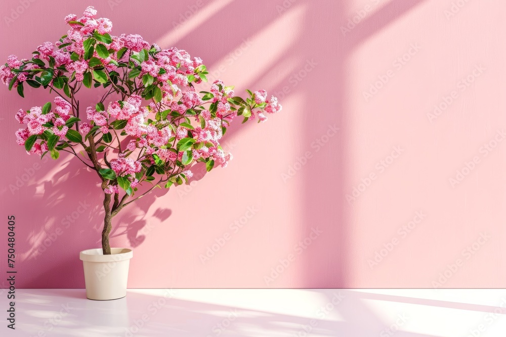 A delicate pink flowering plant in a modern white pot set against a soft pink wall background A delicate pink flowering plant in a modern white pot set against a soft pink wall background