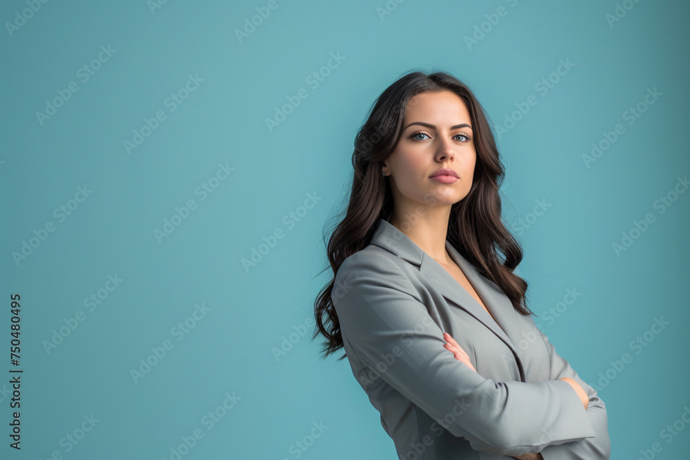 Confident Businesswoman Against Aqua Background. Generative AI Confident Businesswoman Against Aqua Background. Generative AI