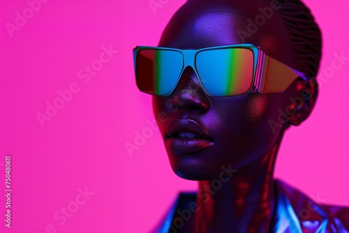 Supermodel in Sunglasses Illuminated by Neon Lights. Generative AI