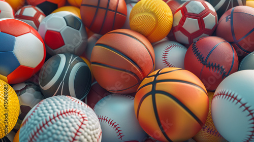 Abstract background with different types of sport balls used in the sports of basketball  baseball  tennis  golf  soccer  volleyball  rugby  American football and badminton. 3D illustration.