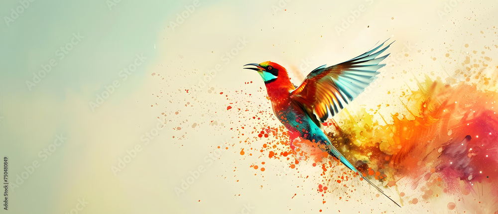 Extreme close-up of colorful parrot flying from splash of paint, creativity concept