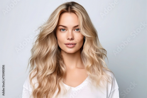 Beautiful blonde woman with wavy hair, natural makeup, healthy skin. Studio shot.