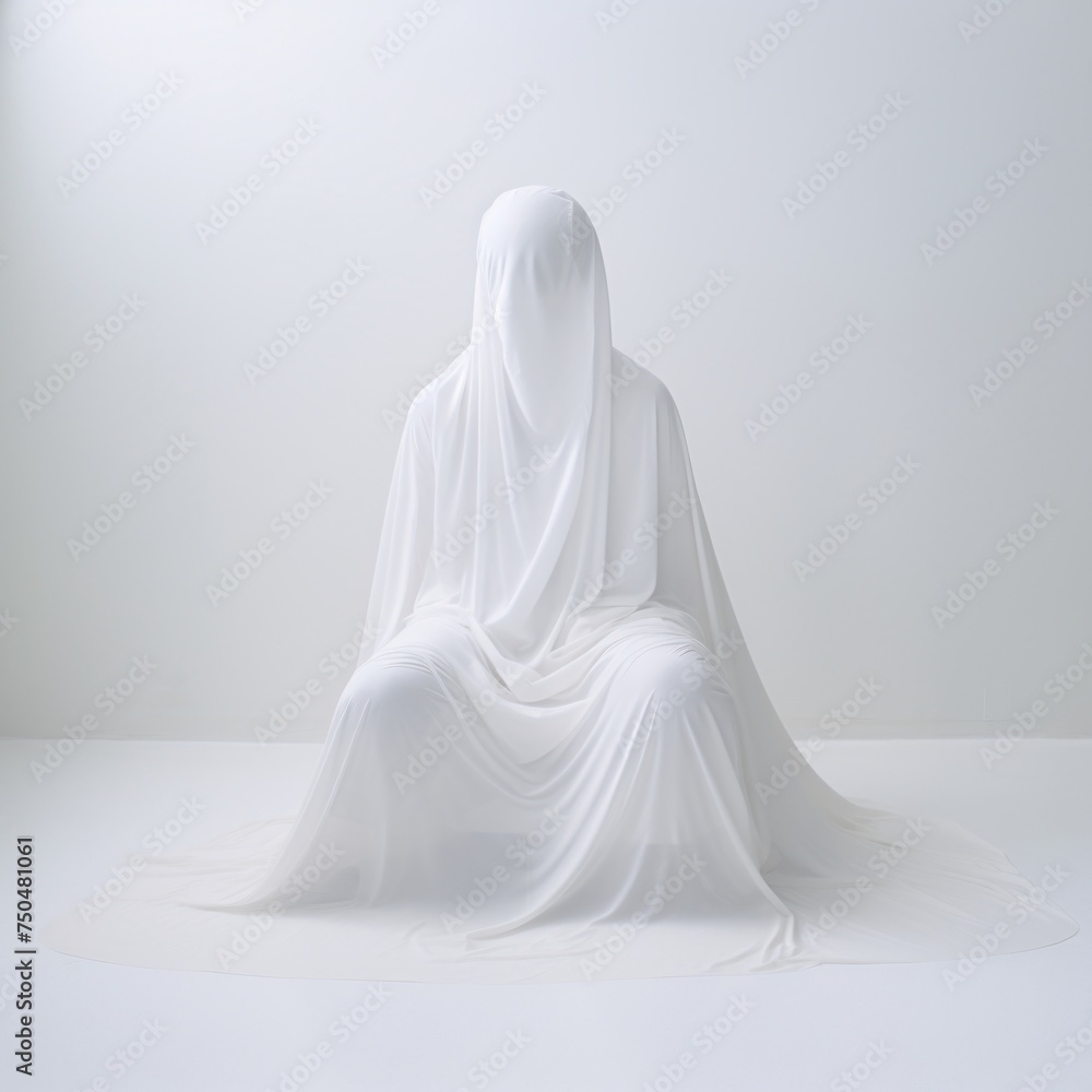 Woman in White Veil Seated on White Floor. Generative AI Woman in White Veil Seated on White Floor. Generative AI