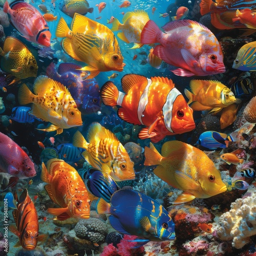 Diverse Marine Fish: Colorful and diverse marine fish swimming in a coral reef, capturing the beauty of underwater life