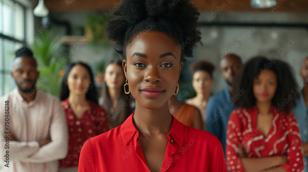 A woman in a red dress stands in front of a group of people. She is the center of attention and appears confident