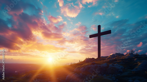 Three Crosses On A Hill At Sunset - Crucifixion Of Jesus Christ