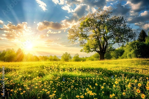 Majestic sunrise behind a lush tree in a field full of spring wildflowers  creating a picturesque landscape