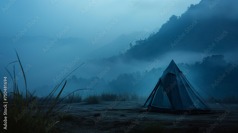 Tent on the foggy mountain at sunrise