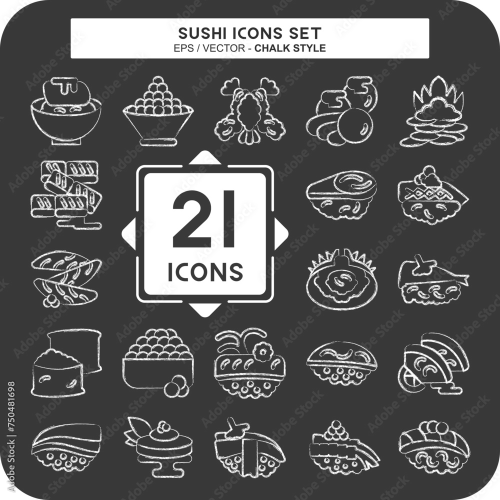 Icon Set Sushi. related to Japanese food symbol. chalk Style. simple design editable. simple illustration