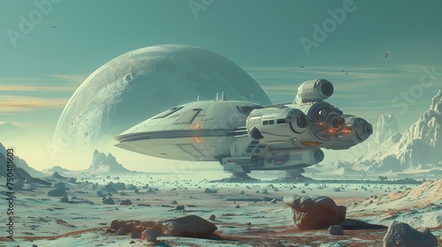Fototapeta Naklejka Na Ścianę i Meble -  Vintage spaceship landing on planetary surface in a futuristic scifi scene. Concept Scifi, Vintage Spaceship, Futuristic, Planetary Surface, Spaceship Landing
