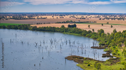 The stark beauty of Lake Mulwala's waterscape against rural fields