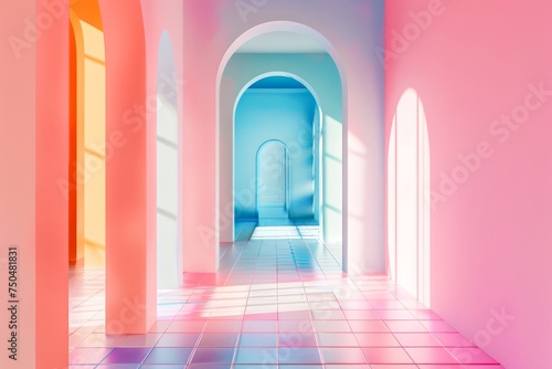 A dreamlike corridor filled with soft pastel hues and enchanting archway designs invites a sense of wonder