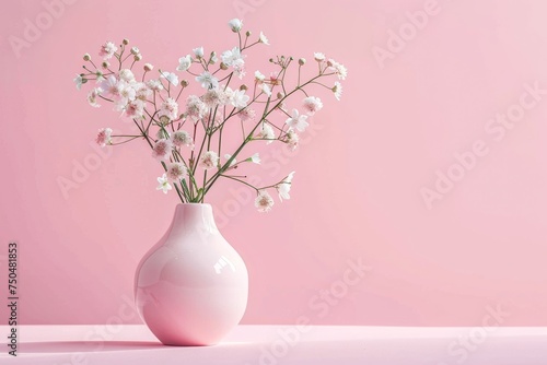 A simple yet elegant composition of delicate flowers in a minimalist white vase against a soft pink backdrop