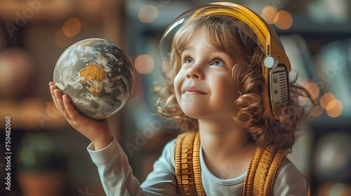 Child fascinated by space holding model of planet inspired to be astronaut. Concept Childhood Dreams, Space Exploration, Astronaut Inspiration, Imaginative Play, Planet Model photo