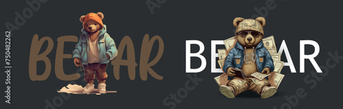 Teddy bear dressed in a shirt on a white background, hip-hop aesthetic. Vector illustration