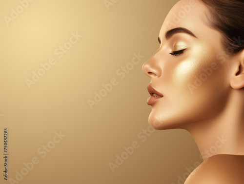 Serene Woman With Golden Glowing Skin Against Smooth Background. Generative AI