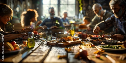 Warm family gathering around a rustic dinner table filled with delicious home-cooked meals, promoting togetherness