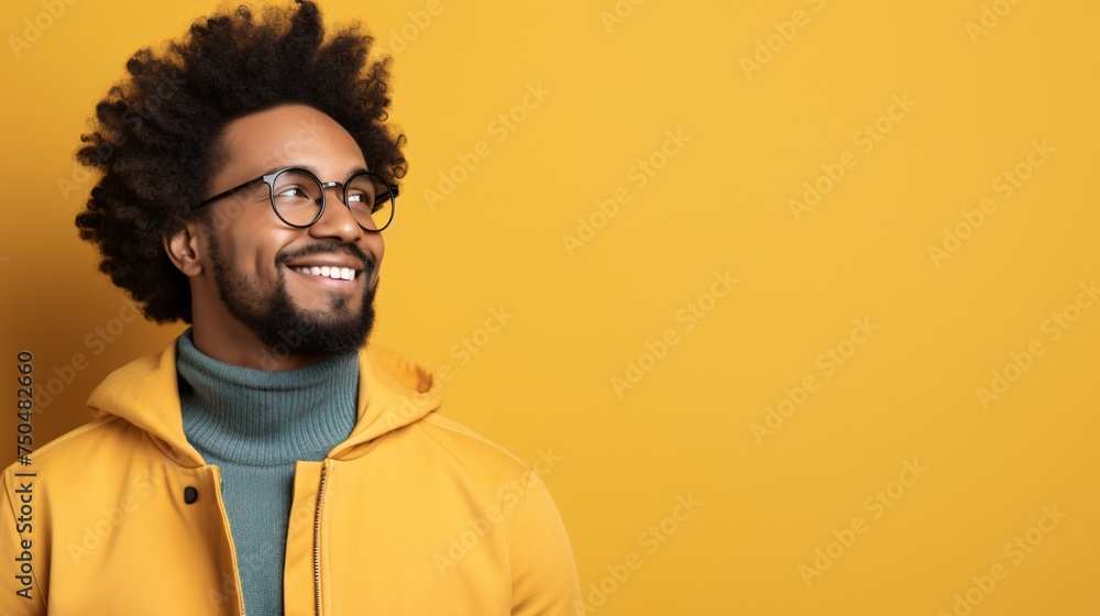 Confident Young Man With Afro Smiling Against Yellow Background. Generative AI Confident Young Man With Afro Smiling Against Yellow Background. Generative AI