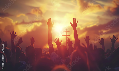 Christianity concept with worshipers raising hands up in front of religious cross