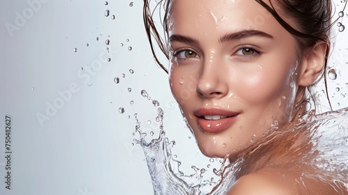 Refreshing Water Splash on Young Womans Face. Generative AI