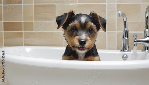 Cute small terrier puppy playing with toy in bathtub