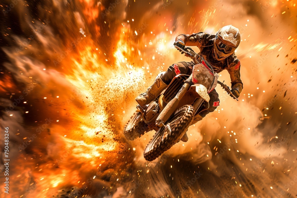 An exhilarating image of a motocross rider mid-air amidst intense flames, evoking thrill and extreme sport dynamism An exhilarating image of a motocross rider mid-air amidst intense flames, evoking thrill and extreme sport dynamism