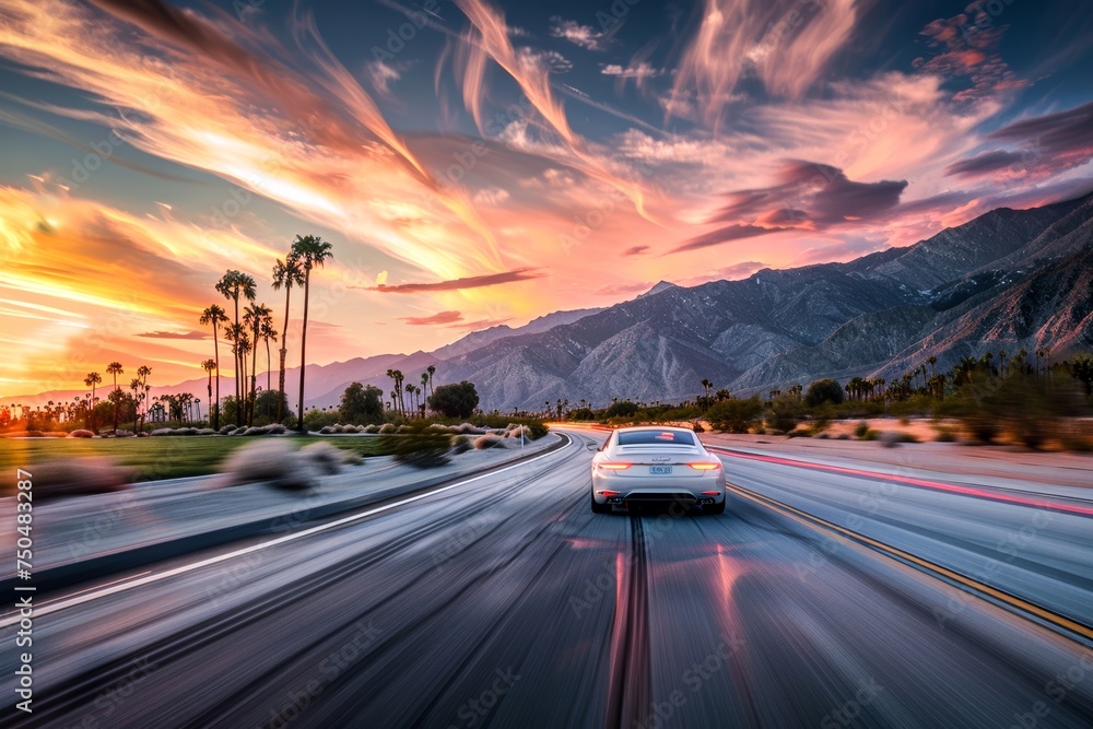 A car speeds along a road with motion blur, stunning sunset and mountains in the backdrop, conveying travel and adventure