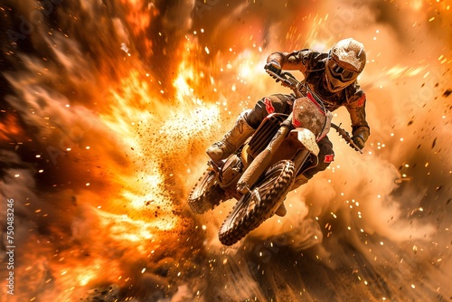 An exhilarating image of a motocross rider mid-air amidst intense flames, evoking thrill and extreme sport dynamism