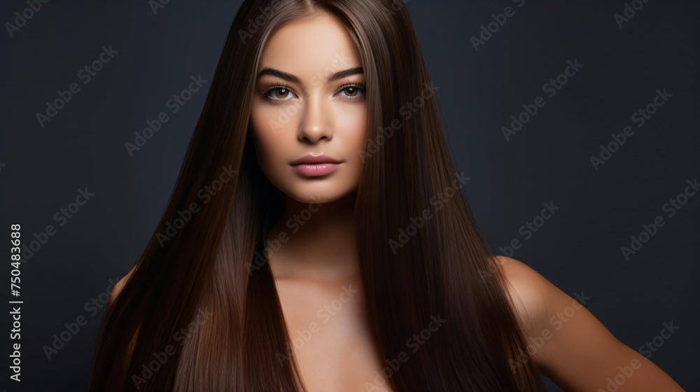 Portrait of Young Woman With Long Brown Hair Against Dark Background. Generative AI Portrait of Young Woman With Long Brown Hair Against Dark Background. Generative AI