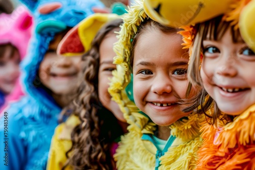 Smiling kids in vibrant animal costumes enjoying a playful moment, reflecting innocence and fun