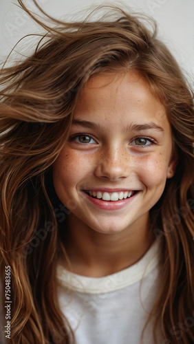 A beautiful young caucasian girl with dark hair smiles happily.