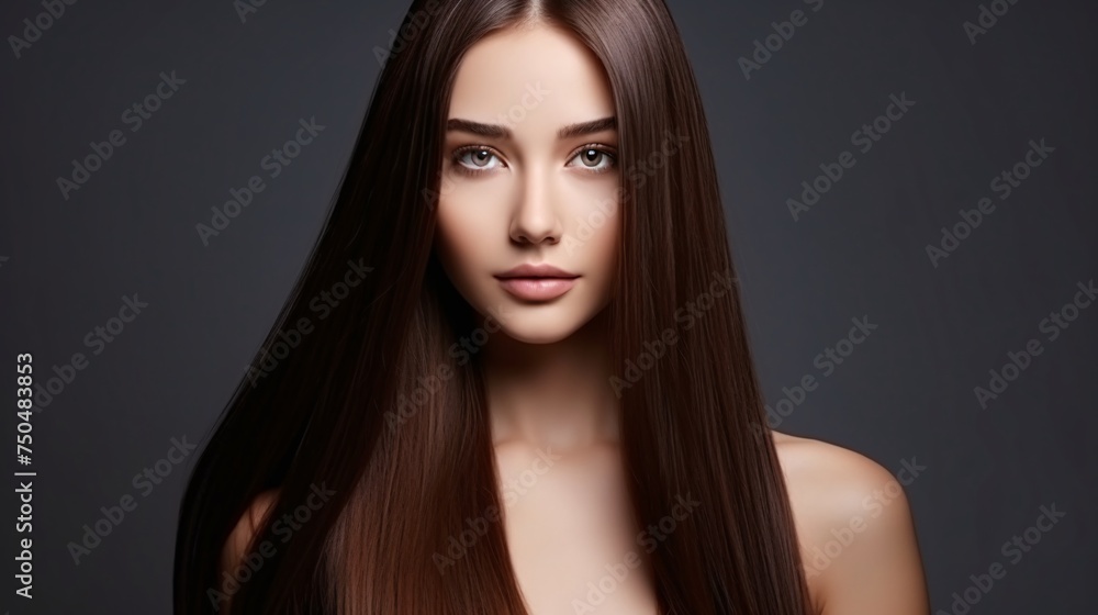 Portrait of Young Woman With Long Brown Hair Against Dark Background. Generative AI Portrait of Young Woman With Long Brown Hair Against Dark Background. Generative AI