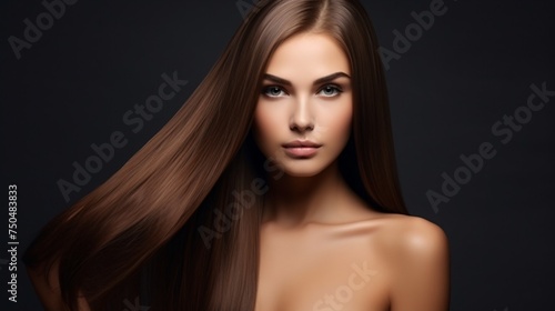 Portrait of Young Woman With Long Brown Hair Against Dark Background. Generative AI