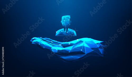 human resources (hr) with hand hold employees icon on blue background. recruitment and hiring online digital technology. vector illustration fantastic low poly wireframe design.