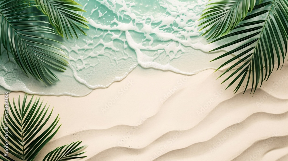 Serene Zen Beach Dunes Embraced by Palm Leaves at Sundown. Generative AI Serene Zen Beach Dunes Embraced by Palm Leaves at Sundown. Generative AI