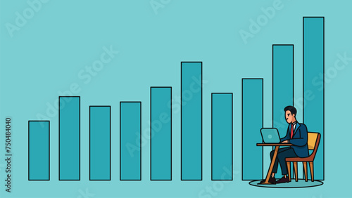 A male businessman in a suit is happily sitting at his desk as his business graph is growing. Concept of career growth or growth from business investment. Vector illustration design style